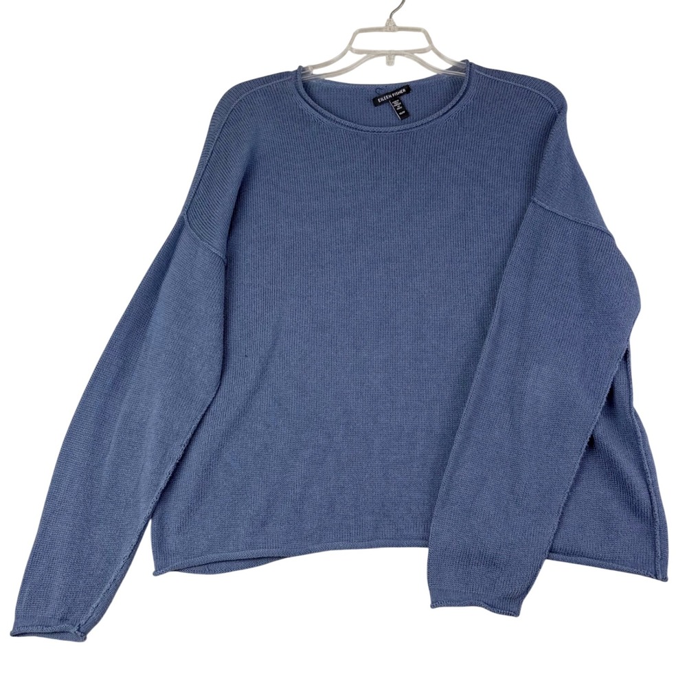 Eileen Fisher XS Blue Organic Cotton Tencel Boxy Knit Sweater Crew Neck **Flaw